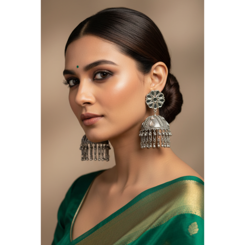 Amba Silver Mirror Jhumka Earrings