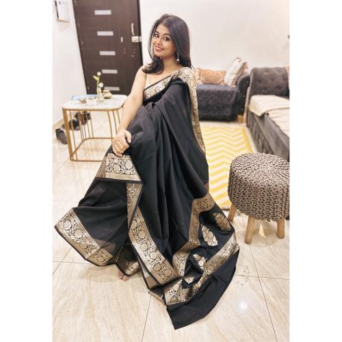 Sunehri Noir Semi Katan Silk Saree with Golden Zari Work in Black & Gold and Running Blouse Piece