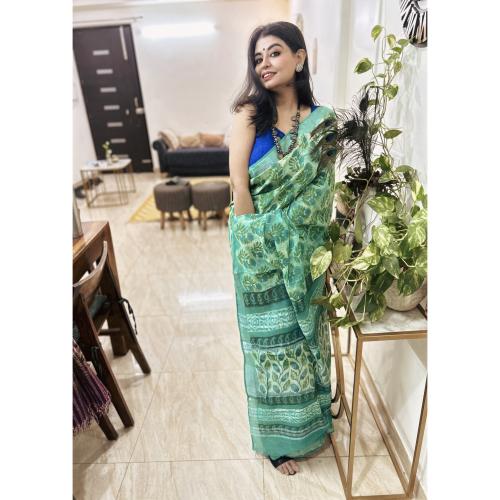 Aaranya Linen Ajrakh Handblock Print Saree with Natural Vegetable Dye in Green & Sky Blue