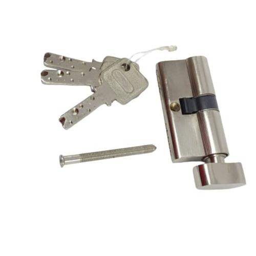 Brass 60 mm Mortise Lock Cylinder, Knob & Key, 3 Brass Keys, Satin Silver (BPUKS60)
