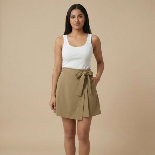 Khaki Solid Wrap Around Skirt For Women