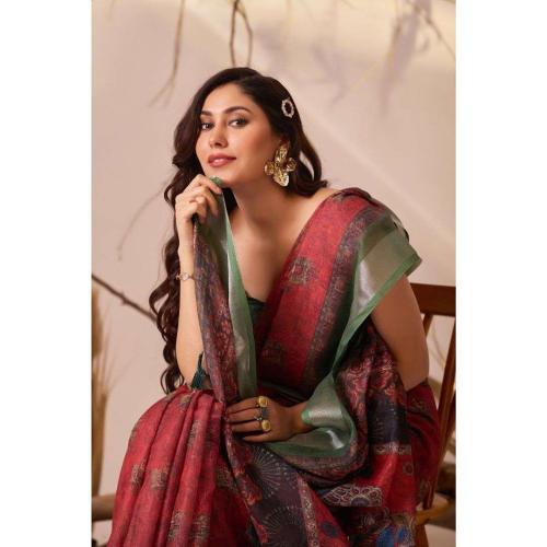 Red Linen Cotton Printed Saree with Contrast Green Border