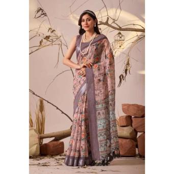 Tajoo Beige Linen Cotton Printed Saree Front View