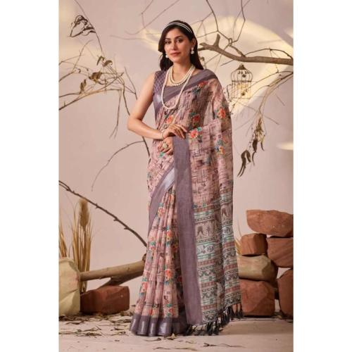 Beige Linen Cotton Printed Saree with Patola-Style Border