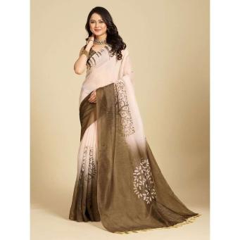 Beige Brown Cotton Linen Saree Front View