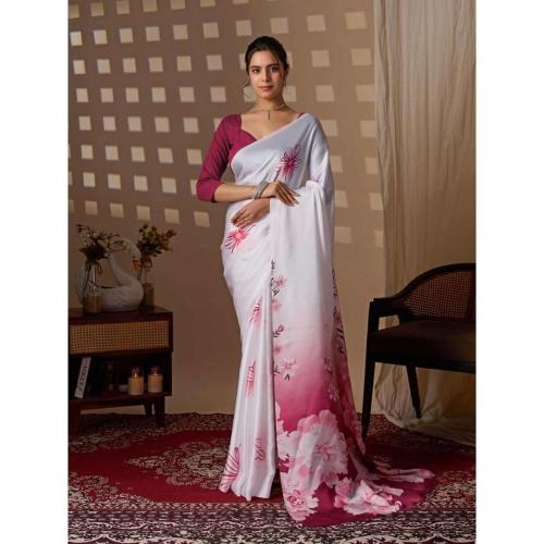 White & Pink Ombre Floral Printed Satin Georgette Saree