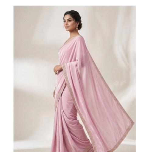 Baby Pink Space Silk Saree with Zarkan Diamond Work