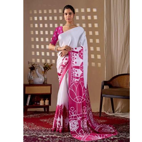 White & Rani Pink Floral Printed Pure Georgette Saree