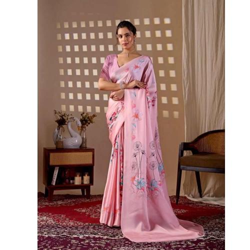 Pastel Pink Floral Printed Satin Georgette Saree