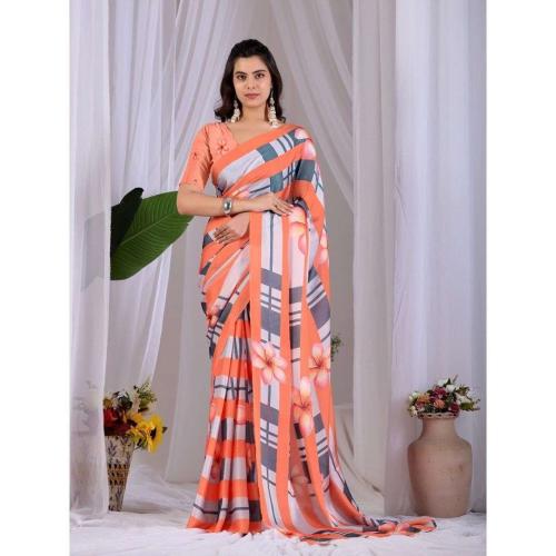 Orange & Grey Floral Printed Satin Georgette Saree