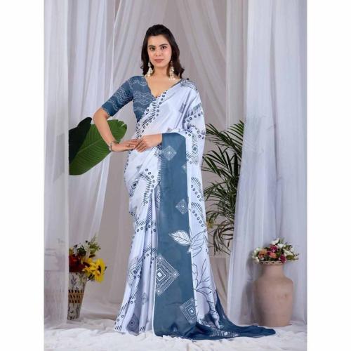 White & Steel Blue Printed Satin Georgette Saree