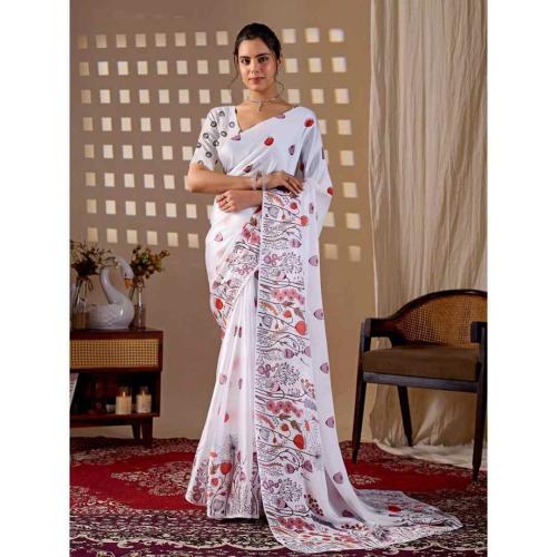 White Floral Printed Satin Georgette Saree