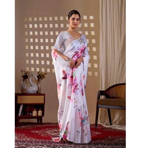 White & Pastel Floral Printed Satin Georgette Saree