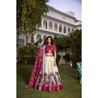White & Red Tusser Silk Lehenga Choli