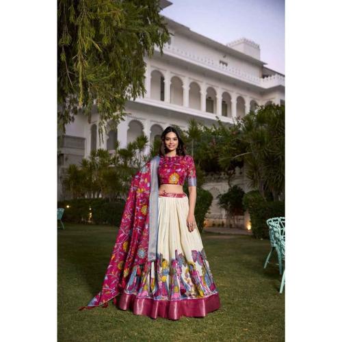 Dhingli White & Magenta Tussar Silk Lehenga Choli with Jacquard Border & Floral Foil Work Dupatta