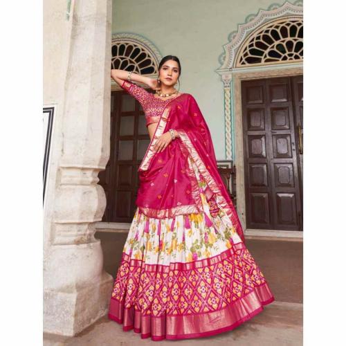 Flower Pink Tussar Silk Lehenga Choli with Floral Print and Foil Work Dupatta