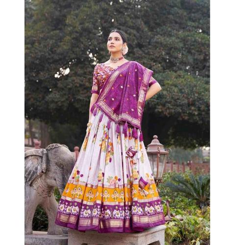 Galgoto Purple Tussar Silk Lehenga Choli with Floral Print and Foil Work Dupatta