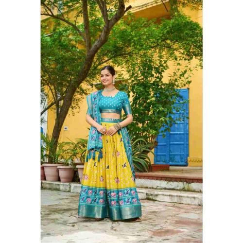 Kajukatari Yellow & Teal Blue Jacquard Lehenga Choli with Dupatta