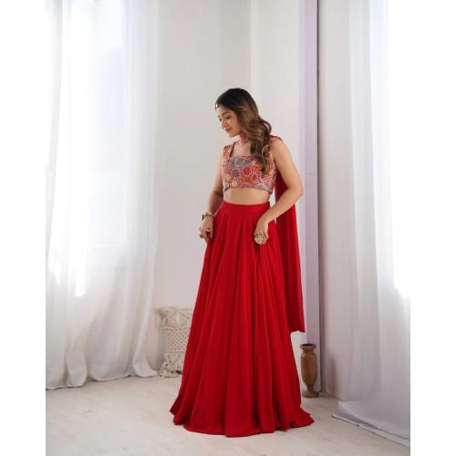 Kalindi Red Georgette Flared Lehenga Choli with Embroidered Dupatta