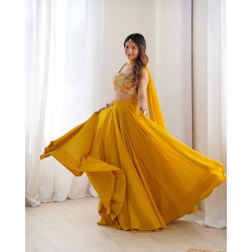Kalindi Mustard Yellow Georgette Flared Lehenga Choli with Embroidered Dupatta