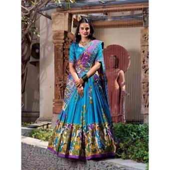 Firozi tusser silk lehenga choli with floral print and foil work dupatta for festive occasions