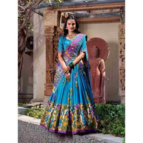 Firozi Tussar Silk Lehenga Choli with Floral Print and Foil Work Dupatta