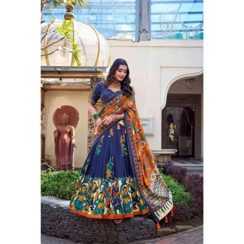 Nitya Navy Blue Tussar Silk Floral Printed Lehenga Choli with Dupatta