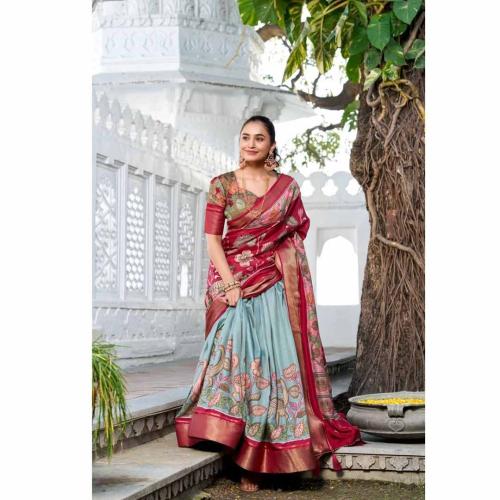 Nitya Sea Green & Red Tussar Silk Lehenga Choli with Floral Print and Foil Work Dupatta