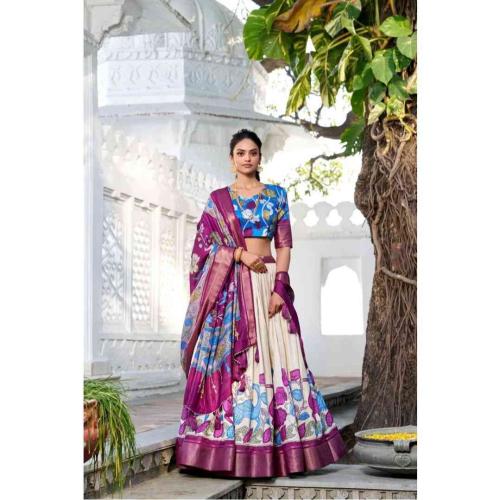 Nitya Ivory & Purple Tussar Silk Lehenga Choli with Floral Print and Foil Work Dupatta