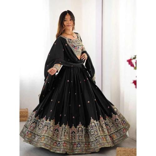 Black Chinon Lehenga Choli with Embroidered Sequin Work Dupatta