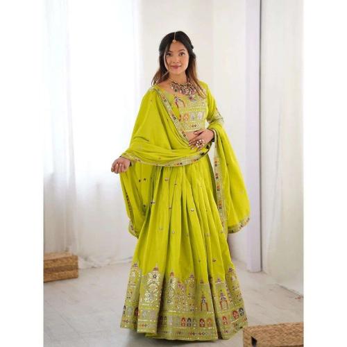 Lime Green Chinon Lehenga Choli Set with Embroidered Sequin Work Dupatta
