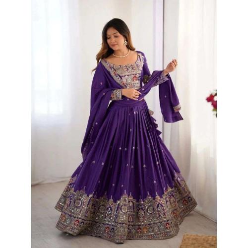 Purple Chinon Lehenga Choli with Embroidered Sequin Work Dupatta