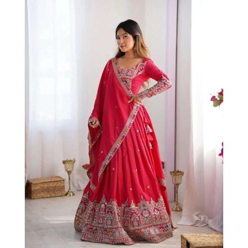 Red Chinon Lehenga Choli Set with Embroidered Sequin Work Dupatta