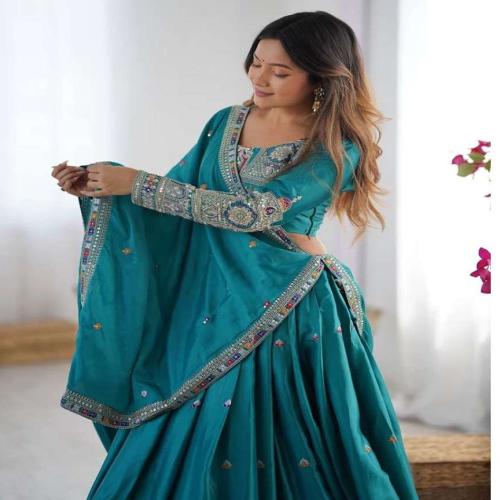 Teal Green Chinon Lehenga Choli with Embroidered Sequins Work Dupatta