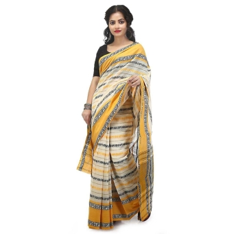Woman wearing white and red traditional Dhaniakhali saree handcrafted from pure cotton with authentic Bengali handloom weaving