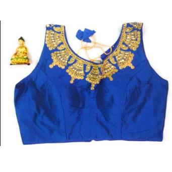 Royal blue boat neck multicolor blouse for women front view