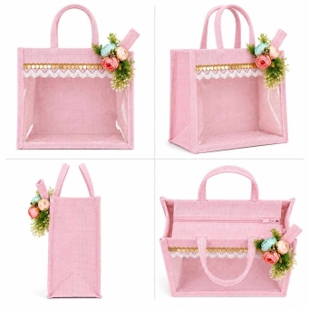 wedding hamper return gift handmade transparent jute bag lace floral patch tote bag by L.G. Creations