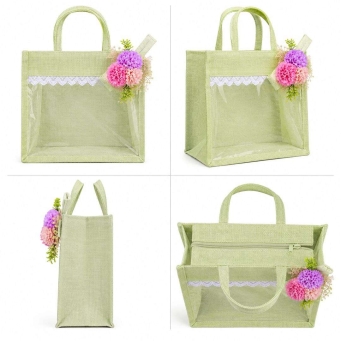 handmade jute transparent gift bag with floral lace design for gifting