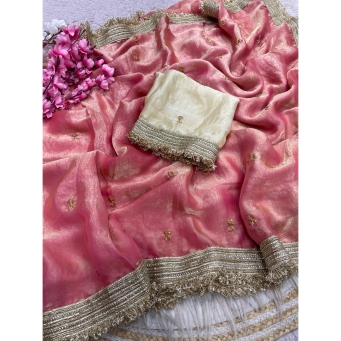 Pink fancy satin saree with sequin butti and unstitched blouse piece