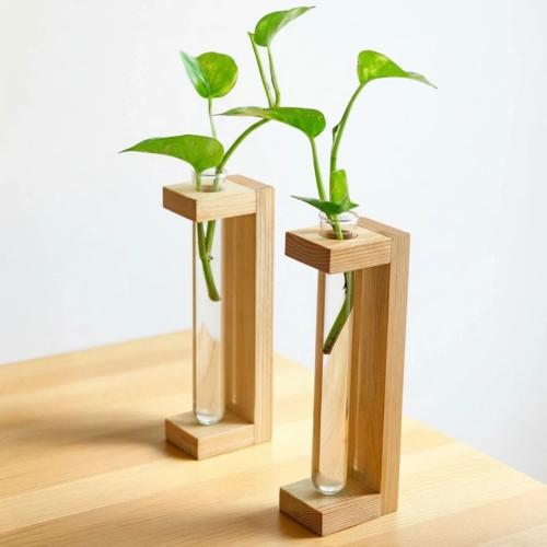 Wooden Hydroponic Plant Holder with Glass Test Tube Planter Set