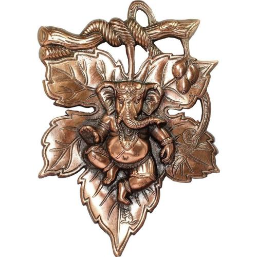 Copper Finish Ganesha Leaf Wall Hanging Showpiece