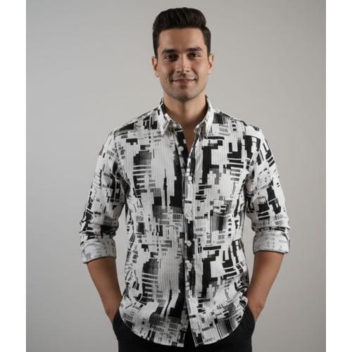 Men's White Black Printed Full Sleeve Shirt - Classic Collar Everyday Wear