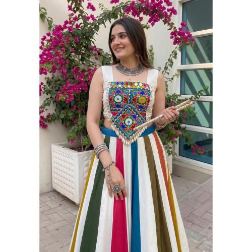 Multi Colors Rayon Lehenga and Gamthi Work Blouse for Navratri Festive Fashion at Its Best