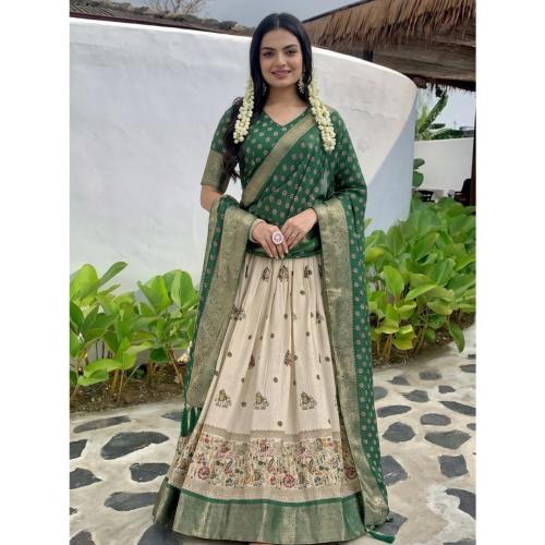 Heavy Lichi Fabric Jacquard Border Jari Lining With Print Lehenga Choli