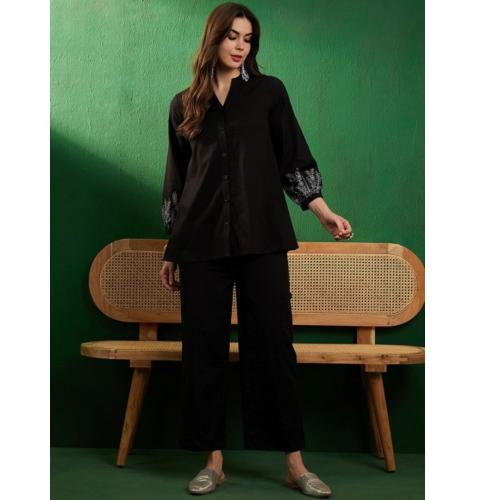Black Women’s Co-Ord Set with Long Button-Front Top and Matching Wide-Leg Pants
