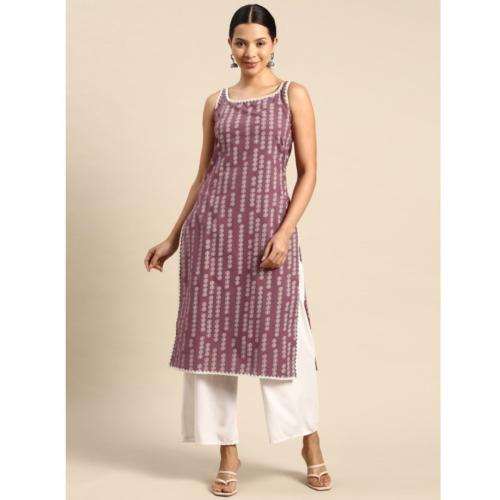 Women’s Maroon Printed Kurti with White Pants | Sleeveless Straight Kurti Set