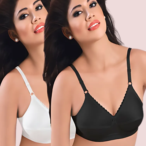 Plus Size Black and White Cotton Front Closure Bra Pack of 2
