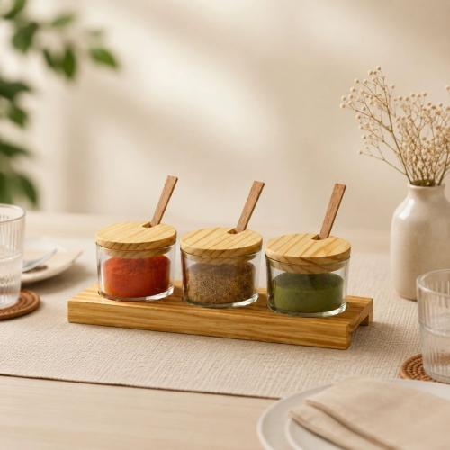 3-Piece Glass Spice Jar Set with Wooden Lids & Tray 