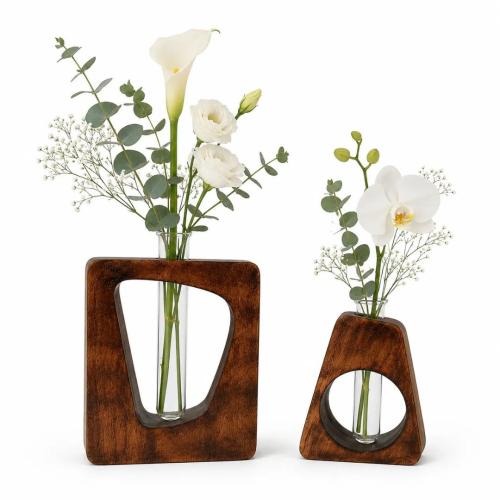 Wooden & Glass Flower Vase Set (Set of 2) – Mango Wood Decorative Table Vases with Glass Tube Insert     