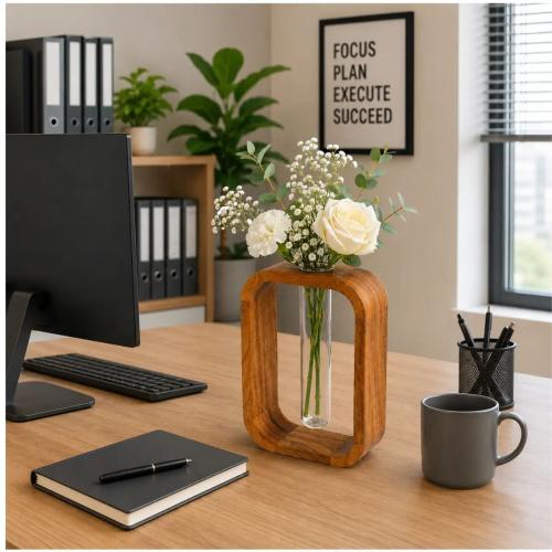 Handcrafted Premium Acacia Wood & Glass Flower Vase – Modern Decorative Table Vase with Glass Tube 